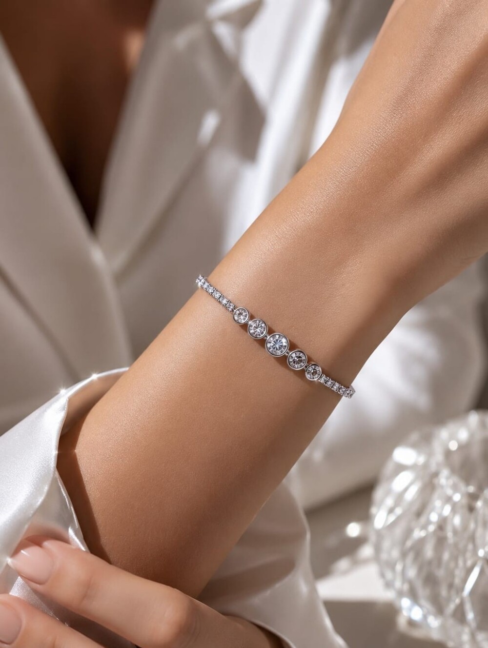 Platinum-Color Crystal Tennis Bracelet